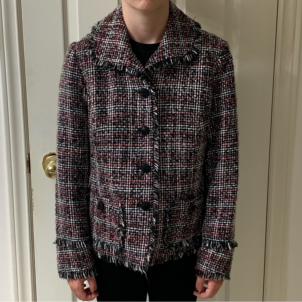 🌷3 for $25🌷Chico's, US M, Pink, Black, White & Grey Plaid Fringe Coat